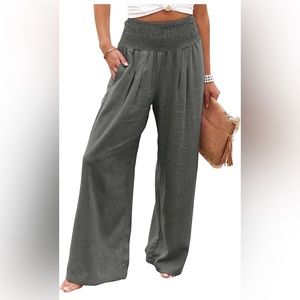 Smocked waist linen wide leg palazzo pants